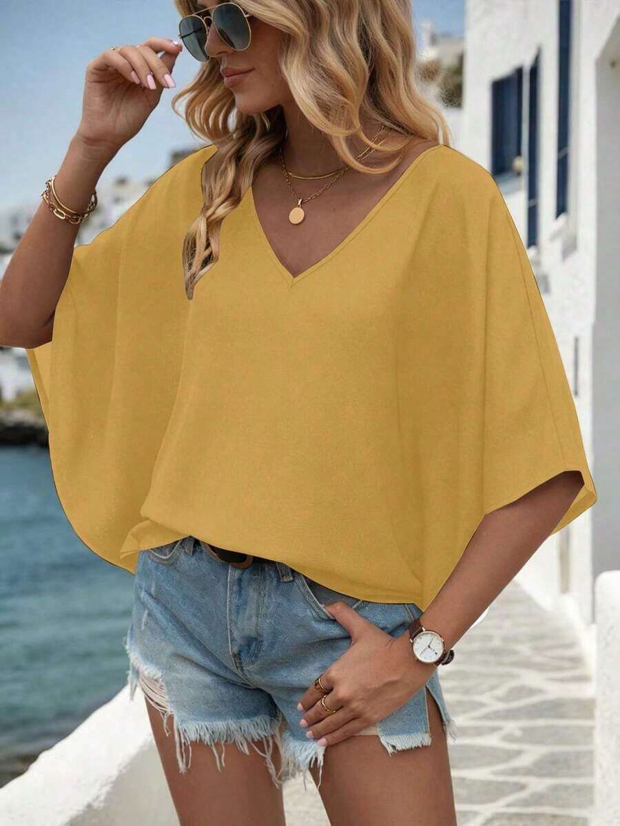 Camisa de manga corta de unicolor, cuello en V, holgada y casual para vacaciones - Amarillo - Ver 1