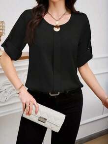 Clasi Blusa casual sencilla para uso diario con cuello redondo, manga corta y botones delanteros para mujer - Negro - Ver 5