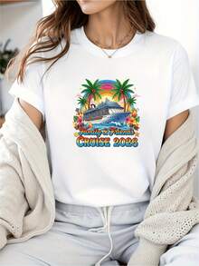 Camiseta blanca de manga corta para mujer, compatible para familiares y amigos, con estampado de palmeras tropicales y cruceros, cuello redondo, blusa de tela suave y de elasticidad media, ideal para usar en capas o como atuendo casual, lavable a máquina, cómoda y holgada, perfecta para viajes. - Blanco - Ver 1