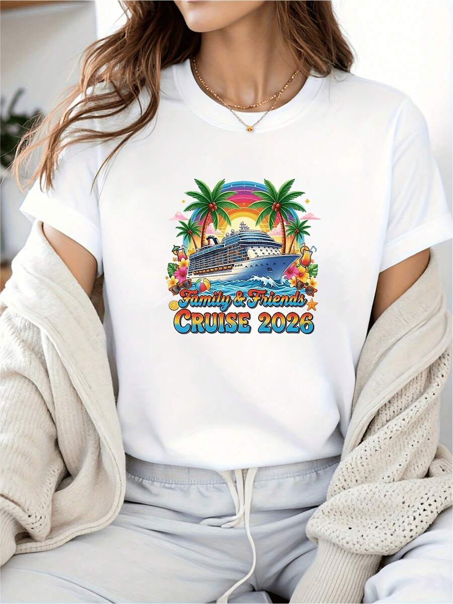 Camiseta blanca de manga corta para mujer, compatible para familiares y amigos, con estampado de palmeras tropicales y cruceros, cuello redondo, blusa de tela suave y de elasticidad media, ideal para usar en capas o como atuendo casual, lavable a máquina, cómoda y holgada, perfecta para viajes. - Blanco - Ver 1