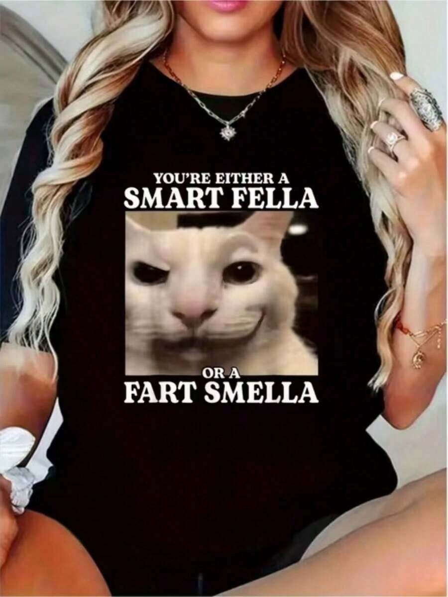 Women's T-Shirt, 100% Cotton, Short Sleeve, SS26, Graphic Print With A Funny Cat And A Stylish Slogan - 黑色 - 查看 1