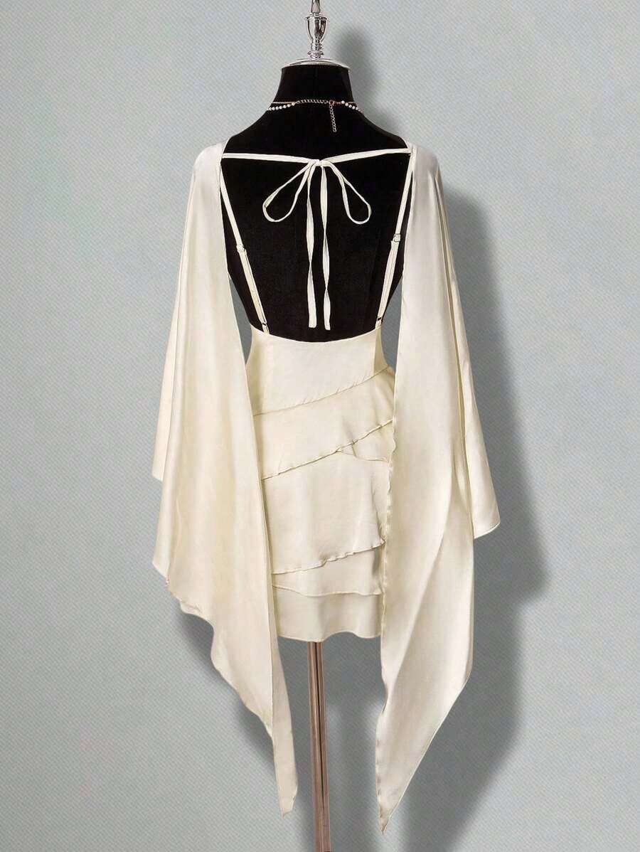 ICON Vestido mini ajustado de satén con volante asimétrico en el bajo, vestido formal de fiesta con espalda descubierta y silueta de línea A para mujer - Blanco - Ver 1
