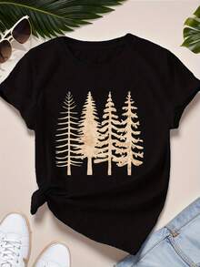 Camiseta de manga corta para mujer con estampado de silueta de pino beige estilo acuarela, top negro casual de cuello redondo. - Negro - Ver 1
