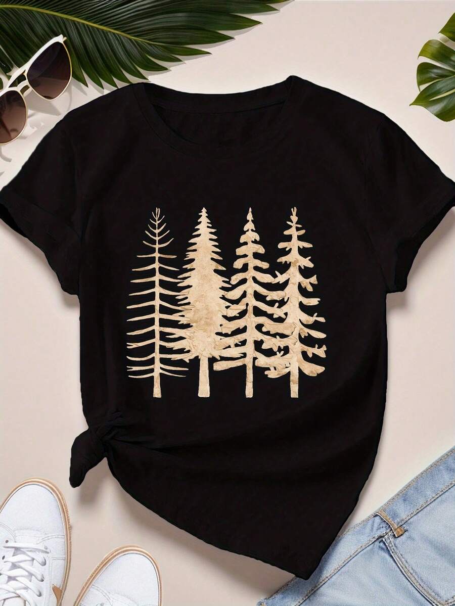 Camiseta de manga corta para mujer con estampado de silueta de pino beige estilo acuarela, top negro casual de cuello redondo. - Negro - Ver 1