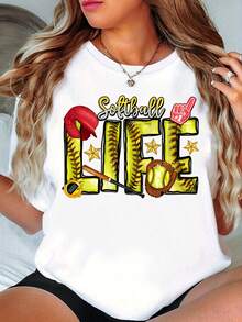1 Softball Themed Printed T-Shirt, Game Day T-Shirt, Family T-Shirt For Softball Players, 180g 100% Cotton. - 白色 - 查看 2
