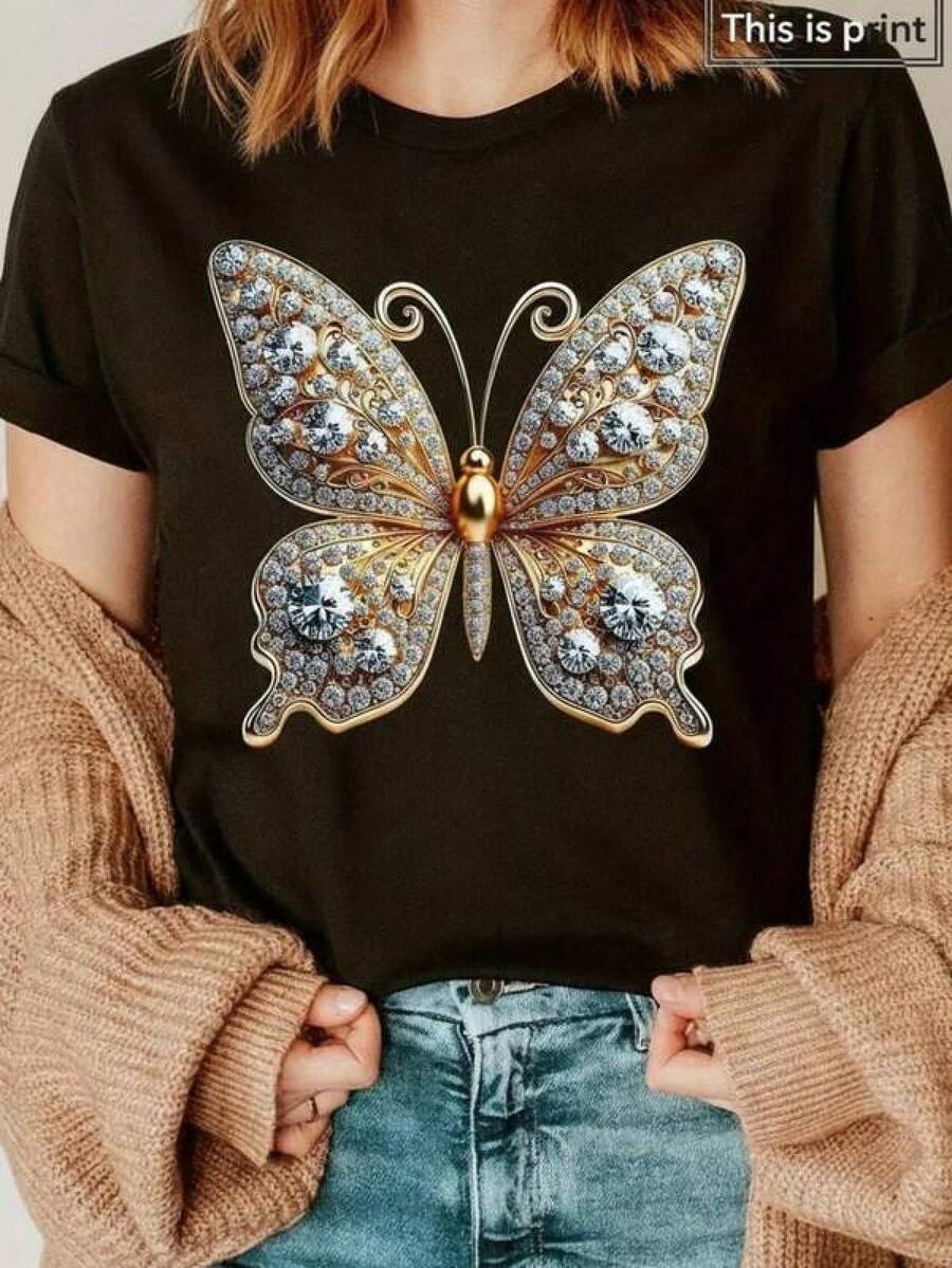 Playera moderna, estampado de mariposa, holgada, cuello redondo, manga corta, otoño, ideal para fiestas y uso diario - Negro - Ver 1