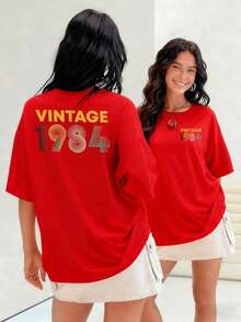 Vintage Graphics With The Numbers 1984 Evoke Nostalgia And A Retro Spirit, Ideal For Lovers Of Classic Style. This Women's T-Shirt Is Made Of 100% High-Quality Cotton And Is Suitable For Spring, Summer, And Autumn. - 紅色 - 查看 7