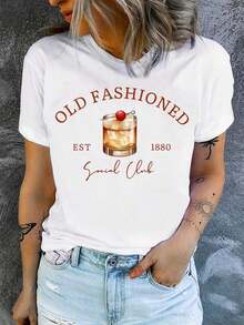 Women's Vintage 80s Style Graphic T-Shirt - Retro Martini Inspired Design With Bourbon And Bitters Print, Casual Crew Neck T-Shirt For Cocktail Parties And Themed Events, Machine Washable Summer T-Shirt For Bartenders And Vintage Style Enthusiasts (Est. 19th Century) - Relaxed Fit, No Fabric, Retro Cocktail Print With Vintage Style Text And Cherry Ornament Design, Retro T-Shirts For Women, Suitable For Spring, Summer And Autumn. - 白色 - 查看 6