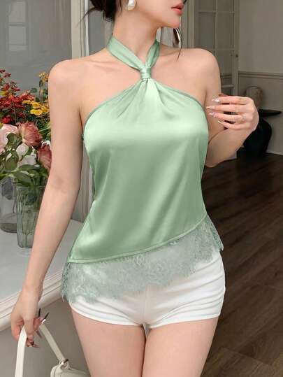 abyoxi Blusa corta de mujer con tirantes de satén verde guisante, decoración de lazo, parches de encaje y bajo asimétrico, estilo dulce y retro, adecuado para la playa, uso diario, citas, fiestas de cumpleaños, primavera/verano