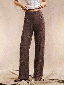 Pantalones rectos holgados de estilo bohemio con patrón de cuentas en color marrón para mujer, de verano - Marrón - Ver 8