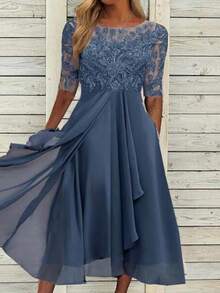 Robe de la ninfa etérea, chiffon que fluye como brisa, aplicaciones de encaje con calados de ensueño, esencia de la elegancia ligera y romántica para ser la musa perfecta en bodas y celebraciones - Azul - Ver 5