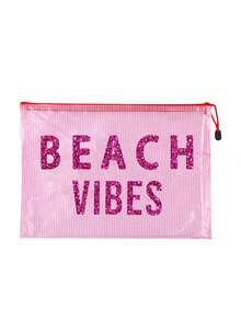 Multi Colored Waterproof Fashionable Mesh Beach Bag, Makeup Bag With Colorful "Beach Atmosphere" Print, Beach Theme With Letters And Sequin Design. Large Capacity Transparent Makeup Bag, Nylon Zipper Wash Bag - Lightweight, Can Store Sunscreen, Snacks, Bikinis, And Beach Essentials. Spring And Summer Storage - Multicolor - View 16