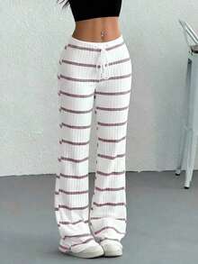 Pantalones casuales de mujer con cintura con cordón acanalado, para primavera/otoño - Morado - Ver 1