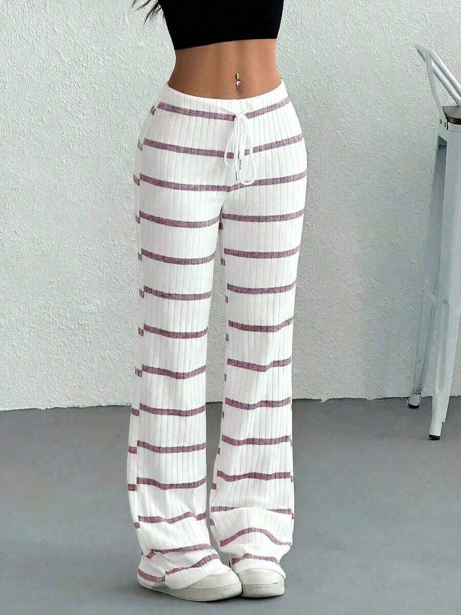 Pantalones casuales de mujer con cintura con cordón acanalado, para primavera/otoño - Morado - Ver 1