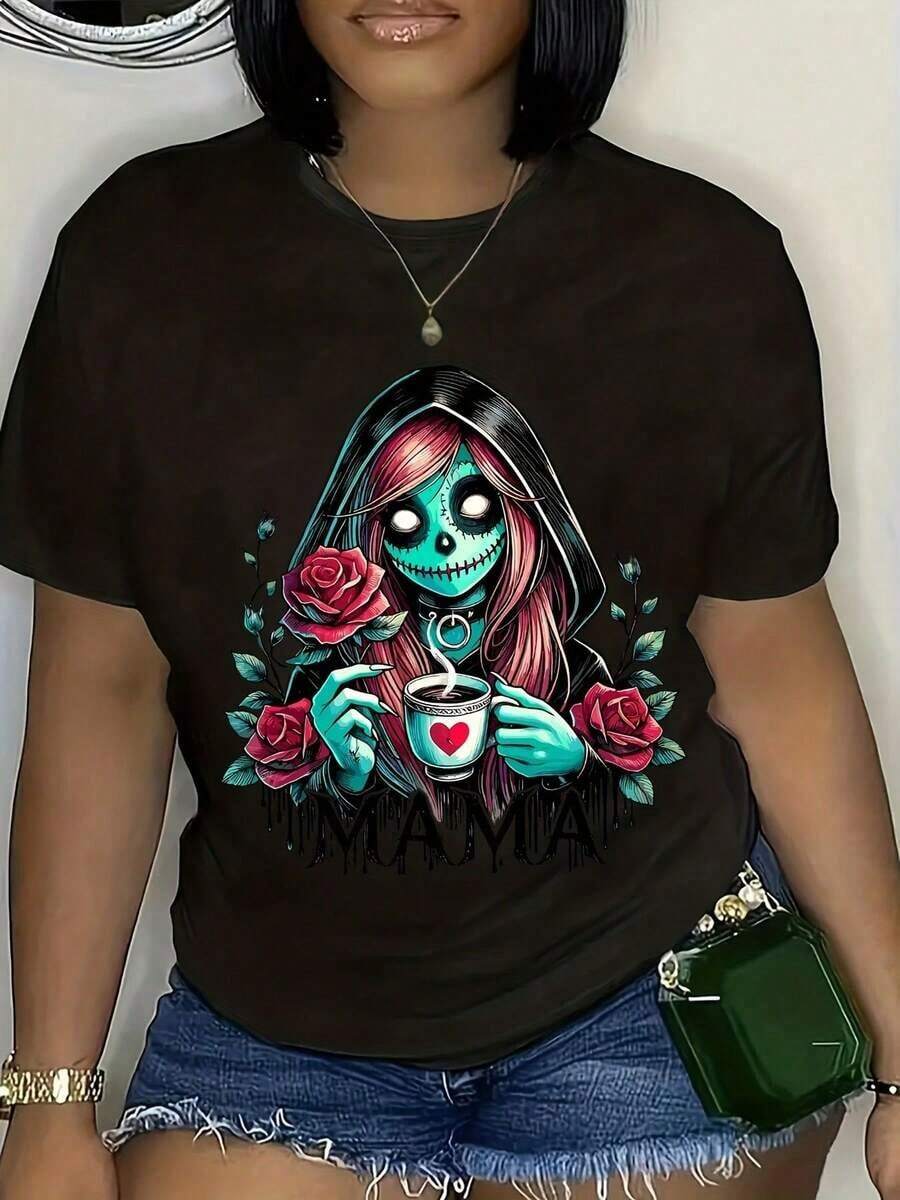 Women's Day Of The Dead Mama T-Shirt, Graphic Tee With Sugar Skull, Roses And Coffee Mug, Gift For Halloween And Mother's Day, Casual Mexican Day Of The Dead Themed Top, Available In Plus Sizes, Everyday Casual. - 黑色 - 查看 1