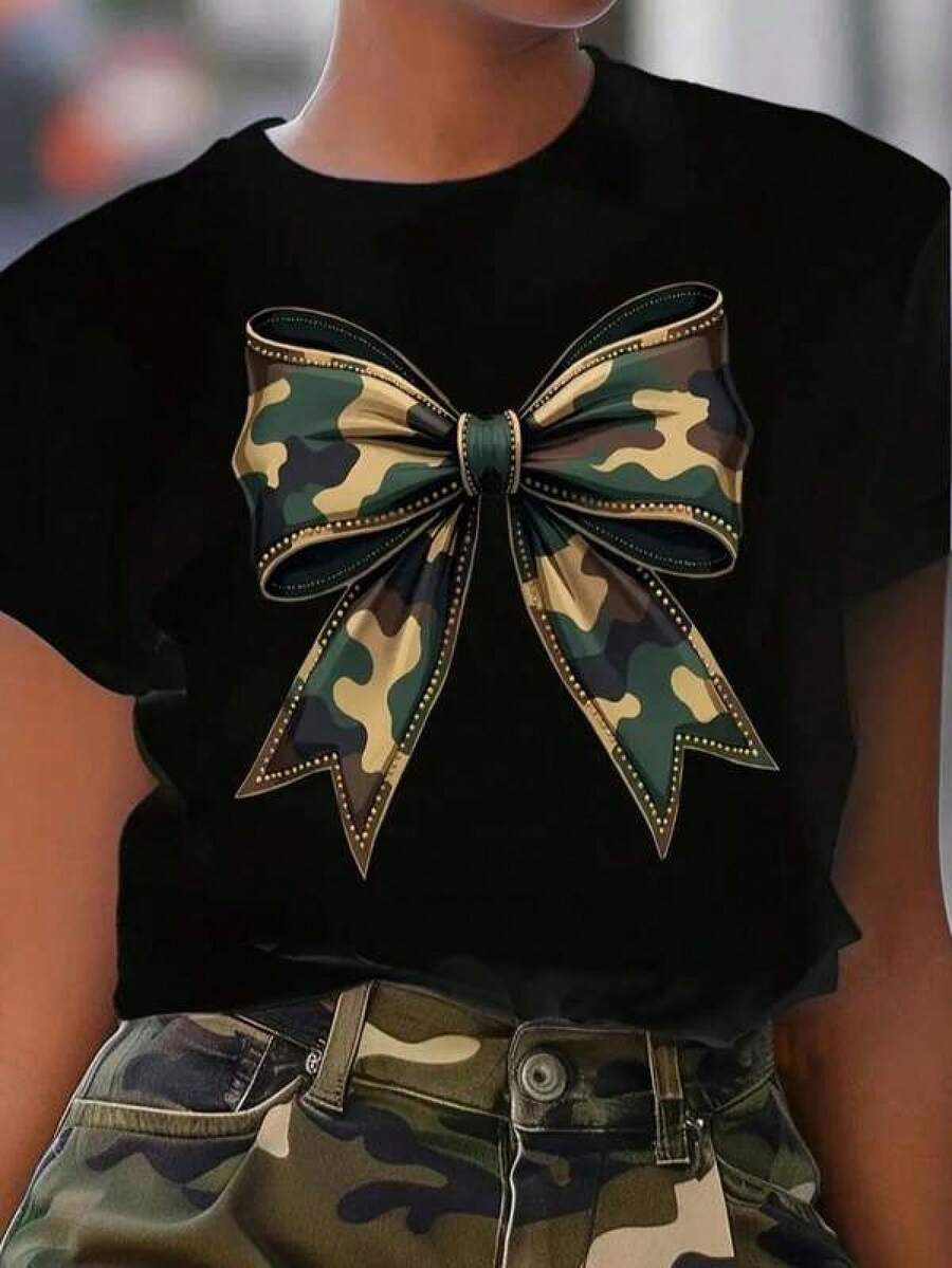 Women's Camouflage Bow Print T-Shirt, Short Sleeves, Round Neck, Ideal For Casual Wear In Spring And Summer. Sexy, Casual, Sweet, Party, Elegant, Shiny, High Elasticity, Perfect For Beach, Night Out, Vacation, Wedding, Sporty, Home, Summer - 黑色 - 查看 1