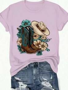 Camiseta playera gráfica dama mujer manga corta cuello redondo casual cómoda fresca ligera moderna juvenil corte regular estampado botas vaqueras flores flor floral sombrero femenina cowboy - Púrpura malva - Ver 1