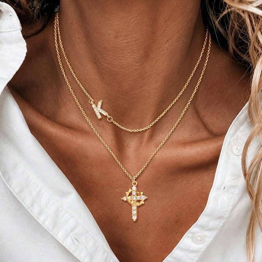 2pcs Set New Classic Letter Cross Pendant Necklace, Stainless Steel Chain For Women - Yellow Gold - View 1