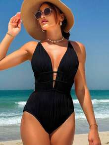 Traje de baño de una pieza con diseño de espalda descubierta, de unicolor, fashionable, para playa de verano, color blanco - Negro - Ver 3