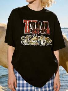 Women's Soft And Casual Short-Sleeved T-Shirt With A Round Neck, Featuring A Retro Cartoon Graphic Print, Suitable For Everyday Street Wear. Black. - 黑色 - 查看 1