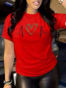 New 2026 T-Shirt With Heart Design In Animal Print With Heartbeats, Printed, Modern, Casual Women's, Round Neck, Short Sleeve, Ideal For Every Day And Valentine's Day, Eye-Catching, Modern, Loose, Ideal For You. - 紅色 - 查看 6