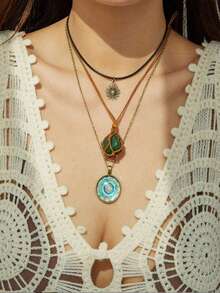 3Pcs Vintage Gothic Adjustable Stone Sun Ins Niche Retro Design Green Crystal Necklace Natural Turquoise Pendant Necklace For Women Y2K Necklace Set - Green - View 2