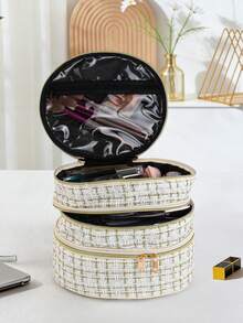 1pc Commuter Style Fabric Double Zipper Makeup Bag, Multi-Layer Design Suitable For Women Travel & Cosmetic Storage - Multicolor - View 8