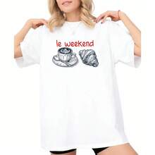 Camiseta Estética Retro Francesa Vintage de Café y Croissant Le Weekend - Blanco - Ver 1