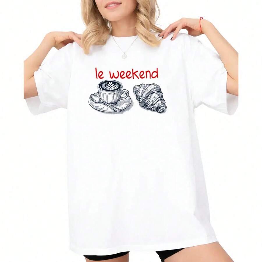Camiseta Estética Retro Francesa Vintage de Café y Croissant Le Weekend - Blanco - Ver 1