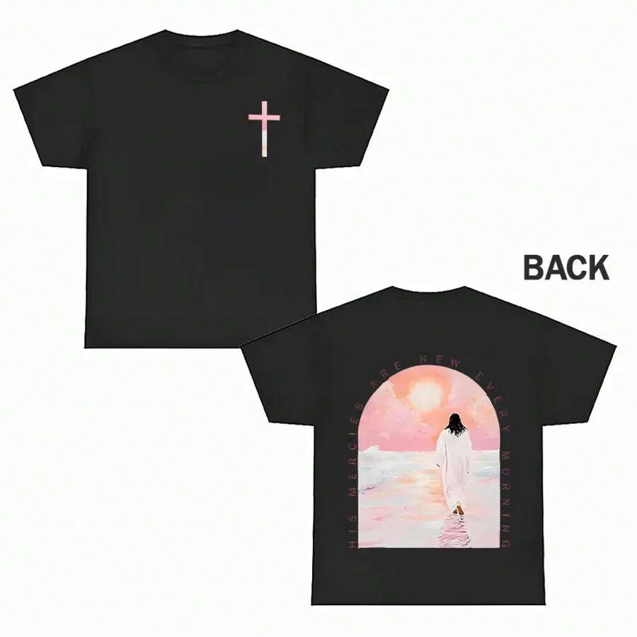 Women's Cotton Short-Sleeved T-Shirt, Minimalist Casual Chic Style, With Round Neck, Double-Sided All-Over Print With Sunrise Cross And Beach Scene Design, Religious Inspiration, Casual Summer Top For Women. - 黑色 - 查看 1