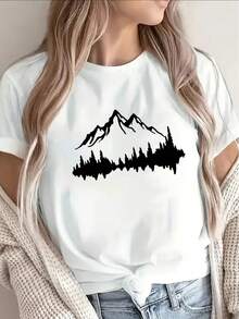 Camiseta de montaña ligera y resistente, con un diseño de vista a la montaña, adecuada para senderismo al aire libre, camping y otras actividades, así como para uso casual en casa o en una cafetería. - Blanco - Ver 1