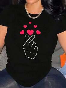 Algodón Camiseta De Cuello Redondo Estampada % Algodón Para Mujer, Con Corazón, Amor, K-,úsica Coreana, K-Drama, K-, Camisetas Para Mujer Con Estampado Navideño único, Cuello Redondo Informal, Manga Corta, Para Usar En Casa. blusas para mujer camisa - Negro - Ver 1
