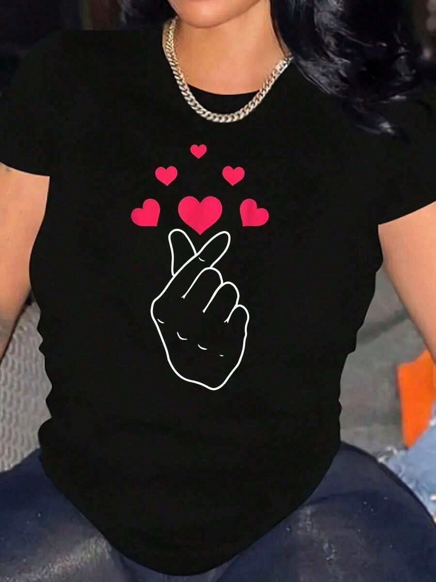 Algodón Camiseta De Cuello Redondo Estampada % Algodón Para Mujer, Con Corazón, Amor, K-,úsica Coreana, K-Drama, K-, Camisetas Para Mujer Con Estampado Navideño único, Cuello Redondo Informal, Manga Corta, Para Usar En Casa. blusas para mujer camisa - Negro - Ver 1