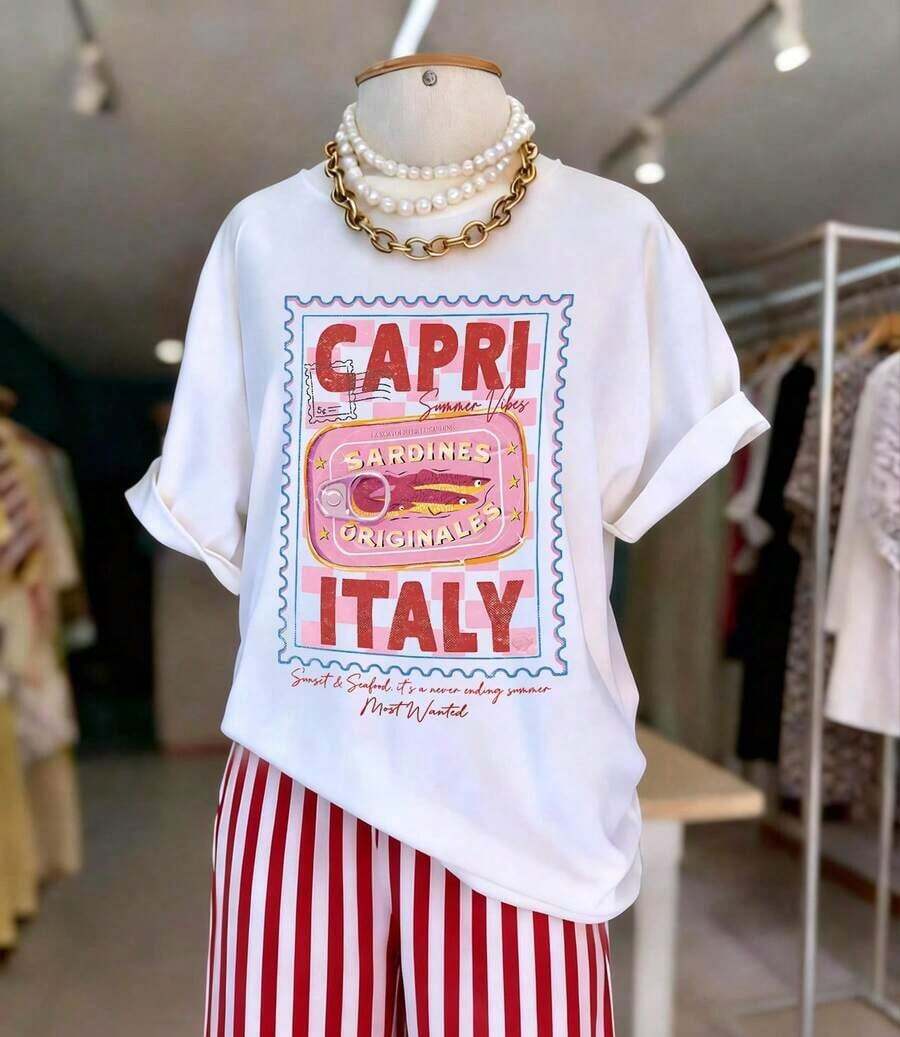 Camisetas de manga corta para mujer 100% algodón, camiseta cómoda con estampado "Capri Italy Originales", cuello redondo casual, manga corta, transpirable, blanca, top de verano para mujer. - Blanco - Ver 1