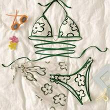 Nuevo bikini de tres piezas estilo ins con tiras ajustables y diseño de corazón. - Verde - Ver 4