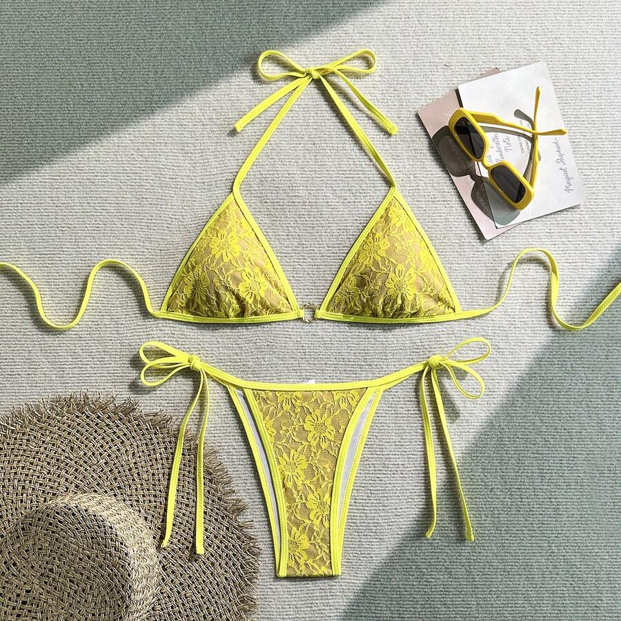 Nuevo y sexy traje de baño de bikini triangular de encaje para mujer, traje de baño de tres piezas con cuello halter y tirantes. - Amarillo - Ver 1