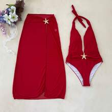 New Solid Color One-Piece Maxi Skirt With Mesh Slit And Halter Neck, Sexy Summer Bikini. - 酒紅色 - 查看 11