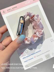 1條甜美粉色緞面水鑽彈性髮圈錶帶，適用於Apple Watch Series 11/10/Ultra/SE/38/40/41/42/44/45/46/49mm，女性閃亮裝飾手環，智慧手錶錶帶配件夏季髮圈帶 - 粉色 - 查看 10
