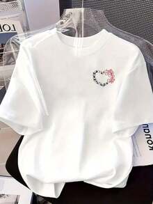 Camiseta de manga corta de talla grande para mujer - Camiseta básica casual de corte holgado, elegantes tops de poliéster, camiseta de manga corta estampada con diseños frontales y traseros - Forma de corazón de mariposa, amor - Camiseta estampada de primavera/verano para mujer, ¡tu mejor elección!Transpirable y cómodo - Blanco - Ver 3