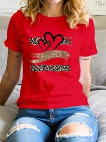 Playera camiseta básica mujer dama cuello redondo manga corta estampado  GRAFICO DE CORAZON CORAZONES ANIMAL PRINT GRAPHIC |   Textura Suave Fortiz2026 - Rojo - Ver 6