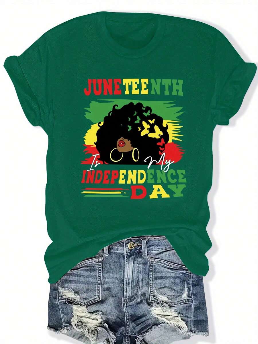 Women's Plus Size Casual T-Shirt With Crew Neck And Vibrant Juneteenth Independence Day Graphic Print, Short Sleeve, Loose Fit, Polyester, Summer And Spring Clothing, Casual Wear | Graphic Print Top | Comfortable Fit, Ladies' T-Shirts - 綠色 - 查看 1