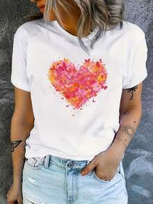 Camiseta de manga corta para mujer, de algodón puro, talla grande, con estampado creativo de corazones, corte holgado y cuello redondo. - Blanco - Ver 6