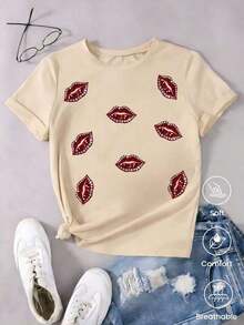 Camiseta de manga corta de moda para primavera y verano de 2026, hecha en México, 180 gramos. Estampado de dibujos animados, modelo de pareja, apta para uso interior o exterior. Cuello redondo, unisex, ideal para oficina y ocio. Paquete de una pieza. - Albaricoque - Ver 1