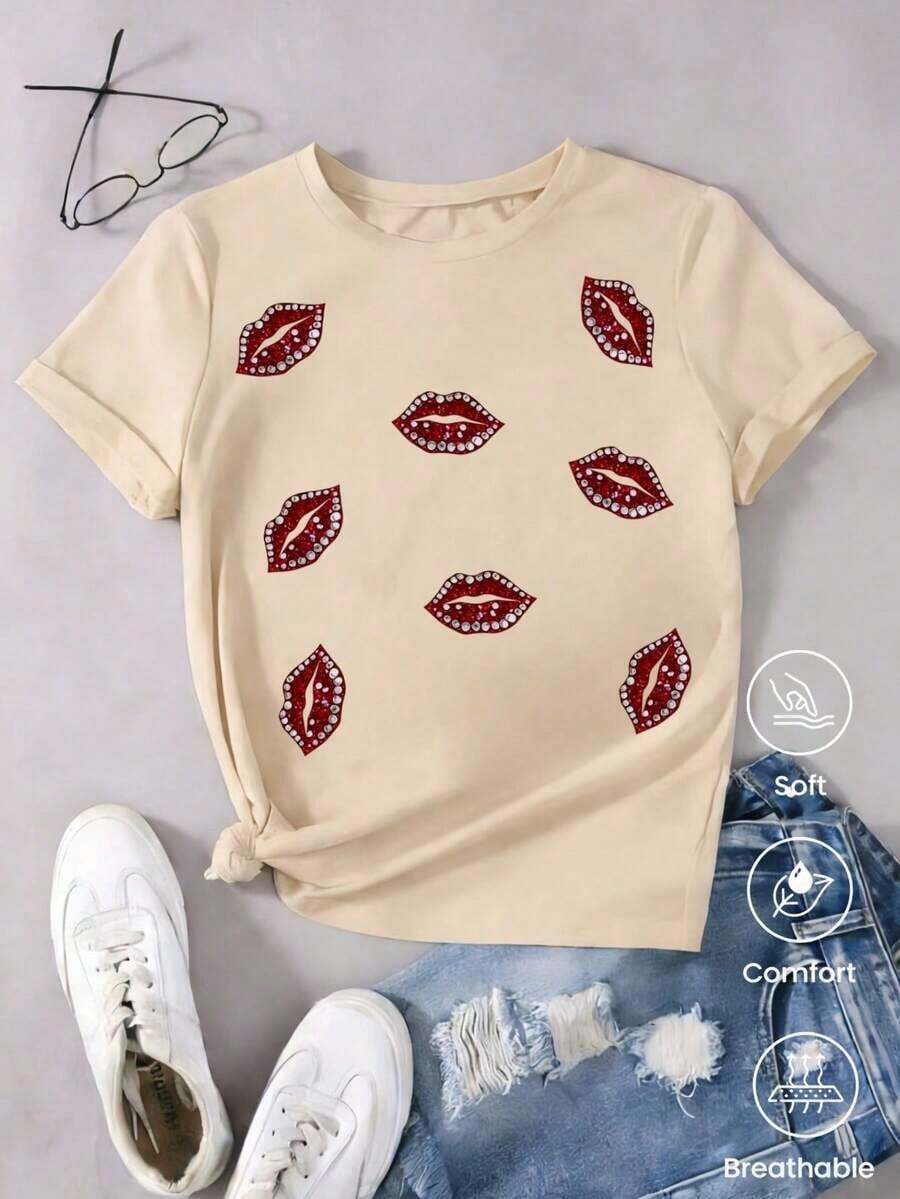 Camiseta de manga corta de moda para primavera y verano de 2026, hecha en México, 180 gramos. Estampado de dibujos animados, modelo de pareja, apta para uso interior o exterior. Cuello redondo, unisex, ideal para oficina y ocio. Paquete de una pieza. - Albaricoque - Ver 1