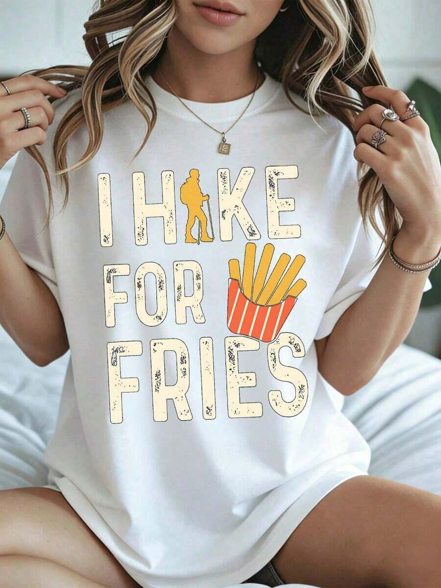 Stylish And Casual, Women's Short-Sleeved T-Shirt, Women's Hiking T-Shirt With Fun Graphic Print "I Hike For Fries", Casual Black Outfit For Outdoor Adventures In Summer And Autumn. - 白色 - 查看 1