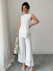 Set de 2 piezas para mujer: Top de cuello alto sin mangas con parches de lentejuelas y pantalones - Blanco - Ver 6