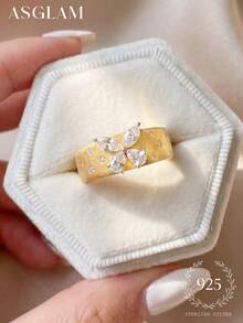1pc Elegant & Fashionable Gold-Tone & White Cubic Zirconia 925 Sterling Silver Ring, Suitable For Anniversary/Birthday Gift - Gold - View 2