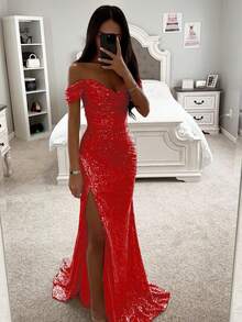 Glamorous Sequin Ruched Off-Shoulder High Split Mermaid Maxi Dress Formal Prom Gala Evening Gown - 紅色 - 查看 1