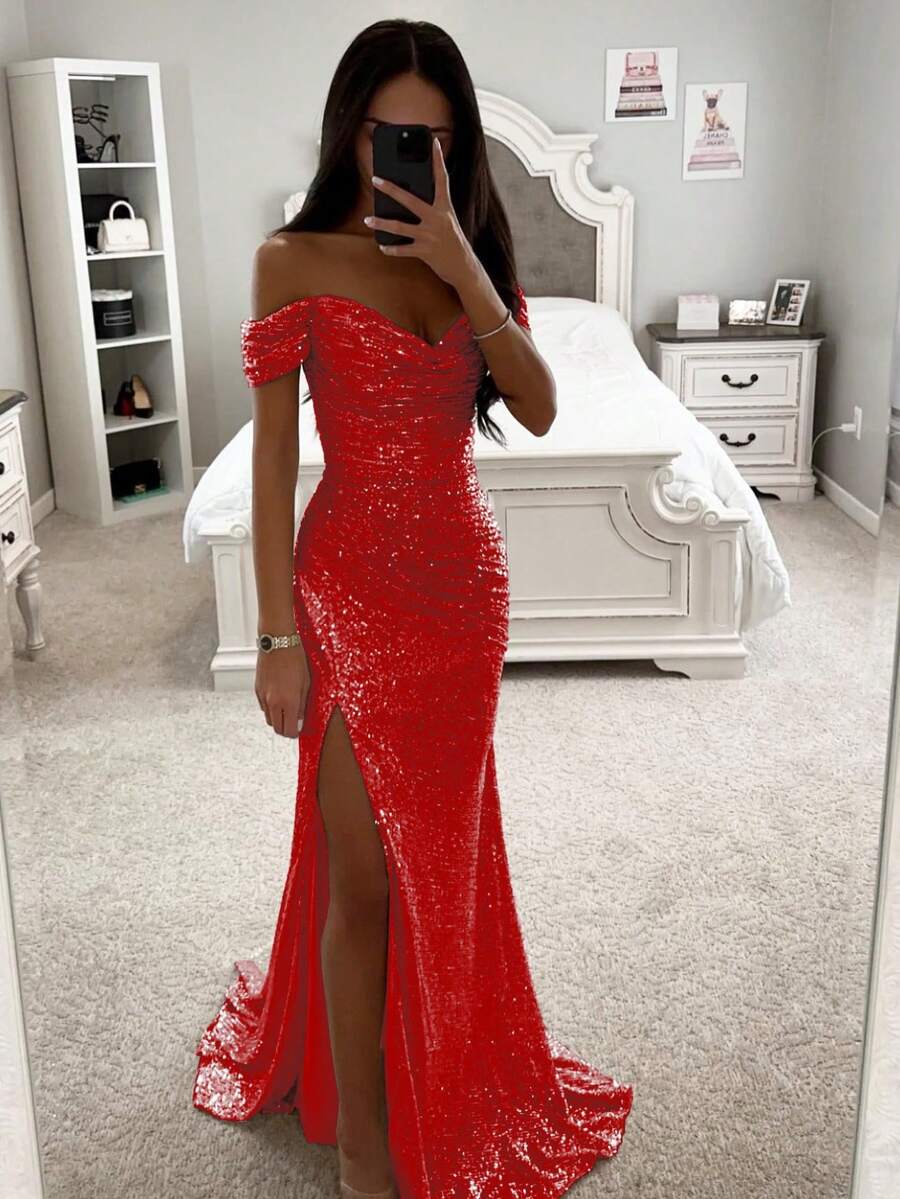 Glamorous Sequin Ruched Off-Shoulder High Split Mermaid Maxi Dress Formal Prom Gala Evening Gown - 紅色 - 查看 1