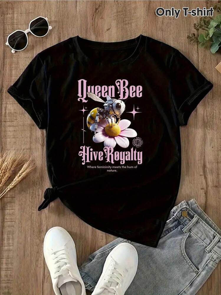 NUEVO, Camiseta de Algodón Negra de Cuello Redondo para Mujer - Camiseta con Gráfico de Abeja Reina y Detalles Florales, Lema de Realeza de Colmena - Camiseta Suave para Uso Diario - Perfecta para Atuendos Casuales, Citas, Regalos de Cumpleaños - Camiseta de Mujer Lavable a Máquina, Ropa para Citas Nocturnas - Estilo Urbano Vintage Unisex, Camiseta de Manga Corta de Algodón Holgada con Cuello Redondo - Negro - Añade 3